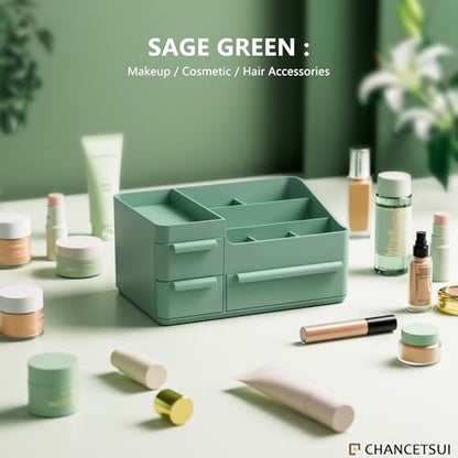 Green Makeup Organizer Countertop for Vanity: Bathroom Counter Storage | Multi Compartment Skincare Box with Drawer for Desktop Dresser Table