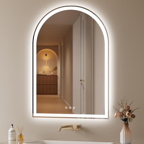 Arched LED Lighted Bathroom Mirror with Lights 28"x40" | Fogless, Dimmable, Shatterproof, Touch Sensor, 3 Color Changing, Frosted - color: Frosted Silver, size: 40"L x 28"W
