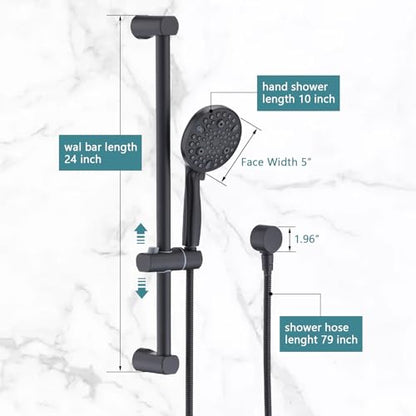 Hand Shower with Slide Bar, High Pressure 10 Setting Handheld Shower Head, Adjustable Height 24" Slide Bar, Wall Supply Elbow and 6.6ft Extra Long Shower Hose - Matte Black - color: Matte Black