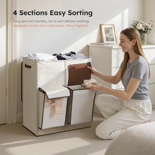 SOLEDI 180L Double Laundry Hamper with Lid and 2 Side Pockets, Dual Hamper | 2 Section Laundry Basket, Removable & Washable Laundry Bags, 180L Large Capacity, for Bedroom, Bathroom, Laundry Room, Dorm - color: Beige