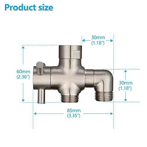 PDPBath Brass 3 Way Shower Arm Diverter Valve for Handheld Shower Head and Fixed Shower Head, G1/2 Universal Connection - Brushed Nickle - color: Brushed Nickel