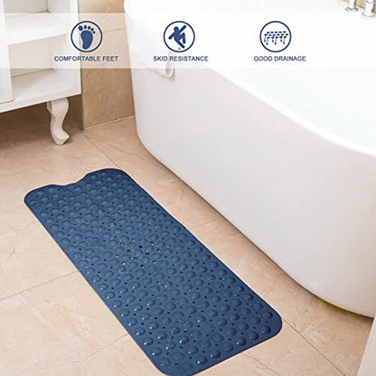 Tree Bud Bathtub Mats for Shower Tub Non-Slip Bath Mat 39 x 16 Inch Extra Long Shower Mat, Bath Tub Mat for Bathroom with Machine Washable, BPA Free for Kids (Navy Blue) - color: Navy Blue