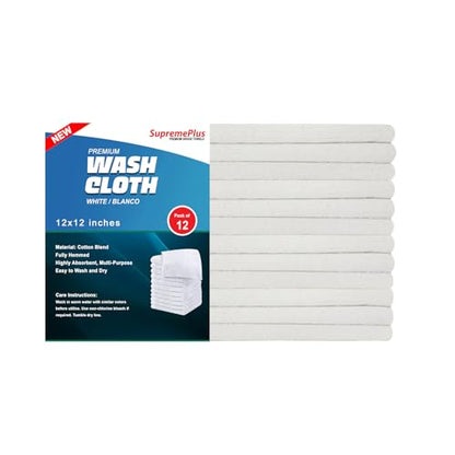 Premium White Wash Cloths - 600 GSM, 12 x 12 Inch, Pack of 12, Ring Spun Cotton Blend - Soft, Durable, Absorbent Washcloths for Face and Body, Machine Washable - size: Pack of 12