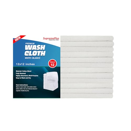 Premium White Wash Cloths - 600 GSM, 12 x 12 Inch, Pack of 12, Ring Spun Cotton Blend - Soft, Durable, Absorbent Washcloths for Face and Body, Machine Washable - size: Pack of 12