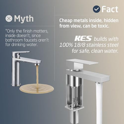 KES Single Handle Bathroom Sink Faucet, Brushed Steel, Modern Single Hole | CUPC NSF Certified, 1.2 GPM, Lead-Free SUS304, Easy To Install - color: Brushed Steel, style: NO Drain - Short Faucet