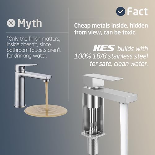 KES Bathroom Faucet Single Hole & Bathroom Sink Drain with Overflow, cUPC Certified Vanity Faucet Brushed Stainless Steel, L3156ALFF12-BS-C1 - color: Brushed Steel, style: w/ Drain (WITH Overflow) - Short Faucet