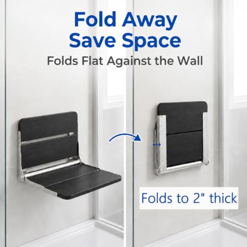 17.5'' Folding Shower Seat Wall Mounted, HDPS Fold Down Shower Bench for Inside Shower, Foldable Shower Stool, Waterproof Wall Mount Bathroom Seating Chair, 400LBS Weight Capacity, Black - color: Black
