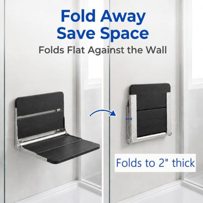 17.5'' Folding Shower Seat Wall Mounted, HDPS Fold Down Shower Bench for Inside Shower, Foldable Shower Stool, Waterproof Wall Mount Bathroom Seating Chair, 400LBS Weight Capacity, Black - color: Black