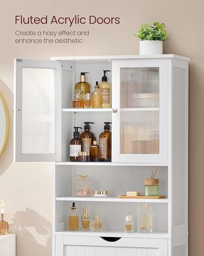 VASAGLE Storage Cabinet, Freestanding Storage Unit with Adjustable Shelves, Drawer, Open Compartments, for Bathroom, Living Room, Kitchen, Cloud White UBBC768WH01S - size: 11.8"D x 23.6"W x 69.9"H, style: 4 Doors + 2 Open Compartments