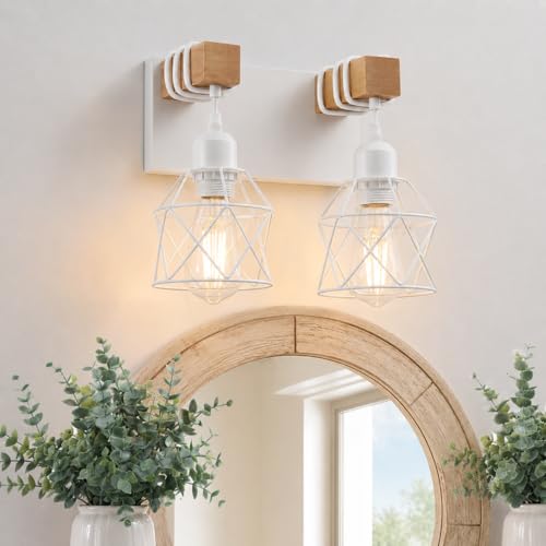 Farmhouse Vanity Light Fixture,2-Light Bathroom Lighting,White Modern Wood Wall Light Over Mirror with Metal Shade - color: White, size: 2-Light-Wide 12"