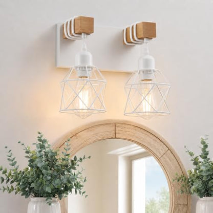 Farmhouse Vanity Light Fixture,2-Light Bathroom Lighting,White Modern Wood Wall Light Over Mirror with Metal Shade - color: White, size: 2-Light-Wide 12"