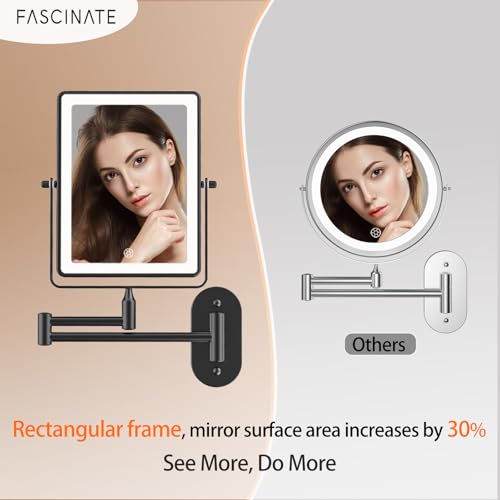 FASCINATE 8.7" 5000mAh Rechargeable Wall Mounted Makeup Mirror (Black) | Double Sided Touch Switch 1X 30X Rectangle Magnifying Mirror with Light, 3 Color Setting, Extended Arm 360° Swivel Foldable - color: Black a