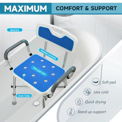 Shower Chair for Inside Shower, 600 lb Adjustable Chair with Arms and Back | FSA/HSA Eligible, 600lb Capacity, Crossbar Design, Adjustable Height, Tool-Free, Non-Slip Bath Chair for Elderly and Disabled - color: Blue