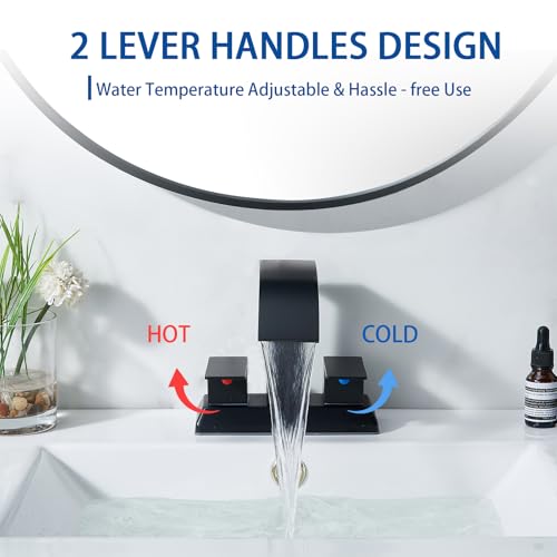 Black Bathroom Faucet, 4 Inch Centerset Bathroom Faucet 3 Hole, Matte Black 2 Handle Waterfall Bathroom Sink Faucet with Pop Up Drain and Supply Hoses, SC-BF203
