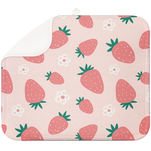 Strawberry Dish Drying Mat for Counter, 16x18, Pink Microfiber Kitchen Pad | Quick-dry microfiber pad catches water, cushioned non-slip base protects counters, compact mat stores easily for daily use - color: Strawberry, size: 16" x 18"