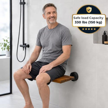 DIYHD 20" Burmese Teak Wood Wall Mounted Folding Shower Bench, Black | Premium Solid Teak Wood with Stainless Steel Bars, 330 lbs Capacity, 14” W x 20” D, Fits 16” Stud Spacing - size: 20"-Black