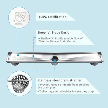 Neodrain 18" Linear Shower Drain with Tile Insert Grate & Shower Drain Base | 304 Stainless Steel, Fast Drainage, Rectangle Shower Floor Drain with Leveling Feet & Hair Strainer, Fits Bathroom, Balcony - color: Brushed With Base, size: 18 IN