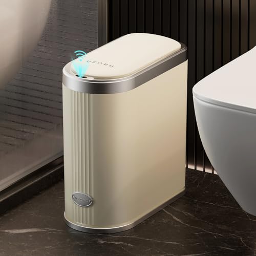 UFORU Touchless Motion Sensor Trash Can, 3.2 Gallon Automatic Bin, Beige | Slim Profile, Space-Saving Design, Lidded Design, Bathroom, Office and Kitchen Use, Placement in Corners and Small Spaces