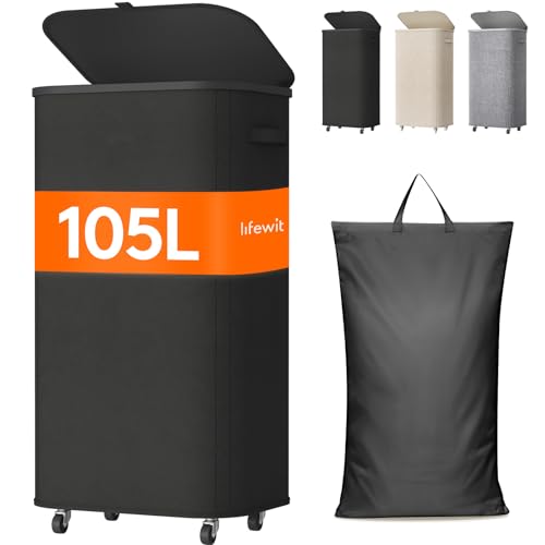 Lifewit 105L Plastic Laundry Basket with Lid, Large Clothes Hamper with Wheels and Removable Bag, Tall Collapsible Rolling Storage Bin for Dorm Bedroom Bathroom, Black - color: Black, size: 105L
