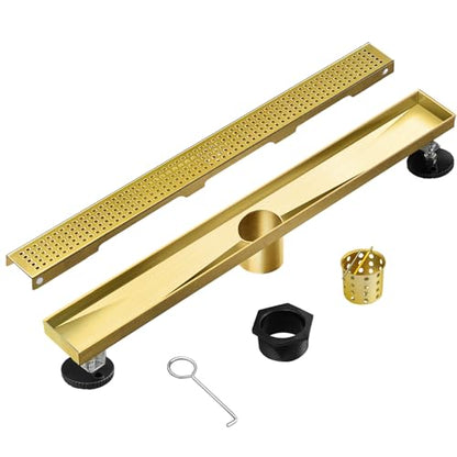 18 inch Linear Shower Drain Brushed Gold with Grate Removable | Square Hole Panel,AISI 304 Stainless Steel Fast Drainage Rectangle Hidden Shower Trench,Detachable Hair Catcher,Leveling Feet - color: Gold, size: 18 inch+No Base