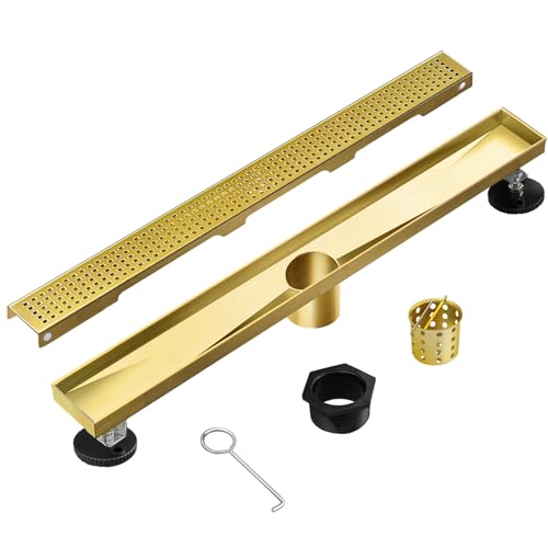 28 inch Linear Shower Drain Brushed Gold with Grate Removable | Square Hole Panel,AISI 304 Stainless Steel Fast Drainage Rectangle Hidden Shower Trench,Detachable Hair Catcher,Leveling Feet - color: Gold, size: 28 inch+No Base