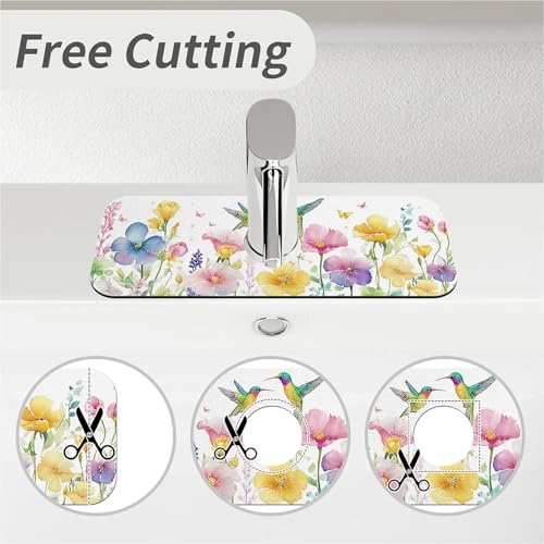 Kitchen Sink Splash Guard，Spring-flowers with hummingbirds Faucet Mat Sink Gadgets-Super Absorbent Fast Drying Mat Drip Catcher for Kitchen, Bathroom,Sink Mat, Dish Drying Mat, Bathroom(15" X 5.5" ) - color: Spring-flowers with hummingbirds