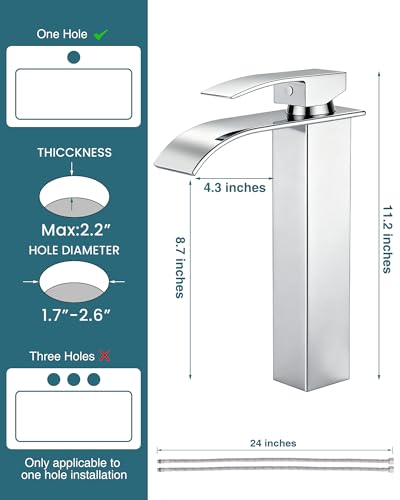 Chrome Waterfall Bathroom Faucet 1 Hole Vessel Sink Faucet | Certified NSF cUPC DOE CEC SUS304 steel.waterfall spout,Single Handle Bathroom Sink Fauce,Pop-up Drain,Fits vanity,Bar sink - color: A-Chrome, style: Tall