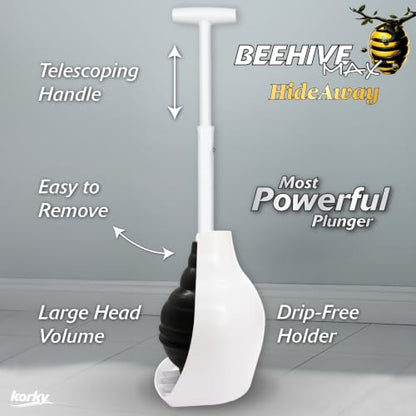 Korky BeehiveMAX Hideaway - Heavy Duty Toilet Plunger with Holder - Drip Free Carry - Seals All Bowl Shapes – Powerful Clog Removal, 97-5 - color: White