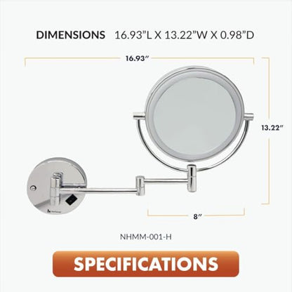 Newhouse Chrome LED Hardwired Magnifying Mirror NHMM-001-H, Lighted Makeup Mirror with Magnification, Round Arm-Mounted Mirror with Halo Light