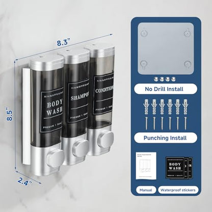 Shampoo and Conditioner Dispenser, Shower Soap Dispenser Wall Mounted, Shampoo Dispenser for Shower Wall No Drill, Bathroom Body Wash Dispenser 3 * 350ml Silver 3 Chamber - color: Silver 3-1