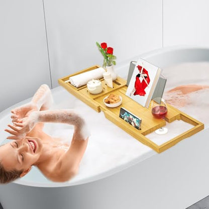 Banlilu Premium Natural Bamboo Expandable Bathtub Tray Caddy, Luxury Spa-Like Experience, Adjustable, Sturdy, Non-Slip, Foldable - color: Premium Natural
