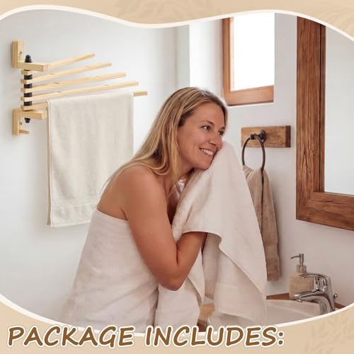9 x 13 Inch Wood Swivel Towel Rack Wall Mounted Foldable Drying Rack with Anti-Slip Arms, Space Saving Towel Holder for Bathroom Laundry Room Closet, Pine Wood Hanger (5 Bar)