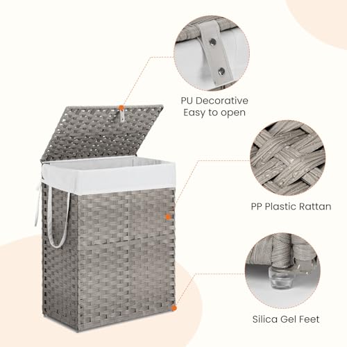 DUMOS Woven Laundry Basket with Lid, 90L Large Capacity Hamper, Removable & Machine-Washable Liner, Foldable Rattan Clothes Hamper, Sturdy Steel Frame, Odor Control, Dove Gray - color: Dove Gray, size: 90L