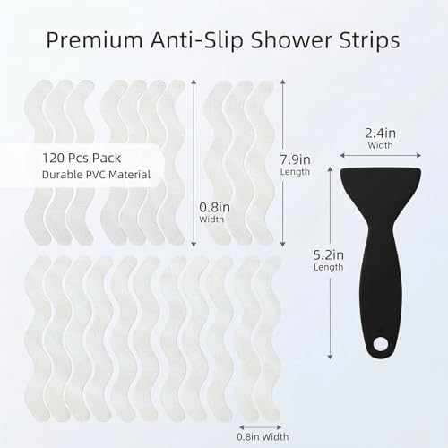 Anti Slip Shower Stickers, 120 Pieces Wavy Shower Floor Non Slip Stickers, Adhesive Decals Safety Strips with Scraper for Bath Tub, Shower Floor and Stairs (Clear) (120 Wavy) - size: 120 Wavy
