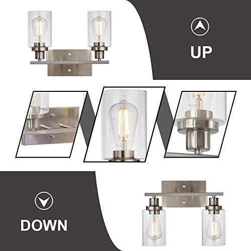 MELUCEE 2 Heads Bathroom Light Fixtures Brushed Nickel | Metal Wall Lights with Clear Glass Shade Modern Vanity Lights Sconces for Hallway Bedroom Kitchen (Patent No.: US D963914 S) - color: Brushed Nickel, size: 2-Light