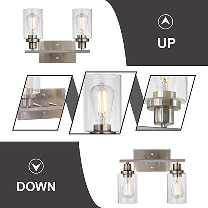 MELUCEE 2 Heads Bathroom Light Fixtures Brushed Nickel | Metal Wall Lights with Clear Glass Shade Modern Vanity Lights Sconces for Hallway Bedroom Kitchen (Patent No.: US D963914 S) - color: Brushed Nickel, size: 2-Light