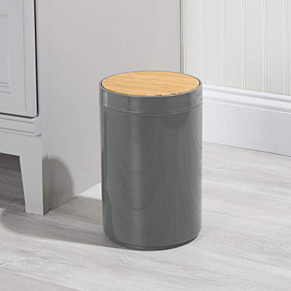 mDesign Plastic Round Trash Can Small Wastebasket - Garbage Bin Container with Swing-Close Lid - Bathroom Garbage Basket - Holds Waste, Recycling - 1.3 Gallon - Basa Collection - Charcoal Gray/Natural - color: Natural/Charcoal Grey