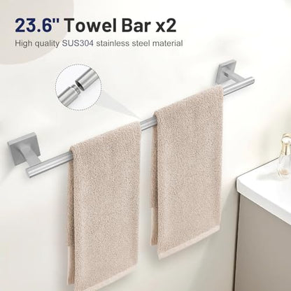Lairuier 10-Piece Brushed Nickel Bathroom Accessories, Towel Bar Set | Bathroom Hardware Set Includes SUS304 23.6" Towel Bar, Towel Ring, Toilet Paper Holder and Towel Hooks Wall Mounted - color: Brushed Nickel, size: 10 Pieces - Extended