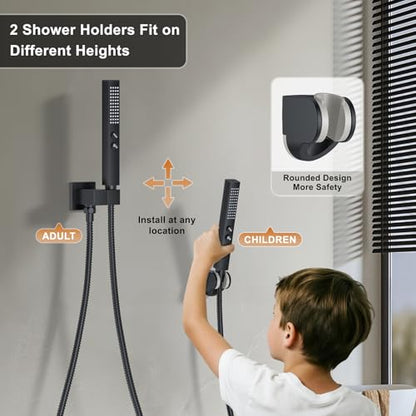 Rain Shower System 12" & 6" Dual Shower Heads, Wall Mount Shower Faucet Set | Ideal for bathroom remodels and upgrades with 12" rain shower, 6" angled shower, handheld spray and complete valve kit. - color: Matte Black, size: Wall Mounted - 12"+6" Shower