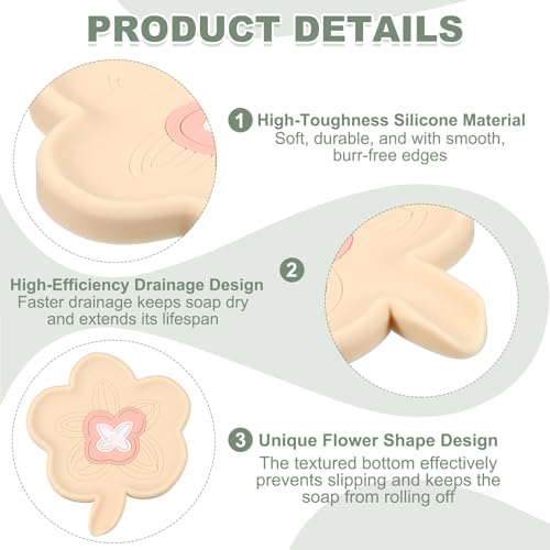 uxcell Silicone Soap Dish with Drain Spout, Portable Self Draining Flower Shape Soap Saver Holder for Bathroom Kitchen Sink, Beige - color: Beige