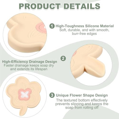 uxcell Silicone Soap Dish with Drain Spout, Portable Self Draining Flower Shape Soap Saver Holder for Bathroom Kitchen Sink, Beige - color: Beige