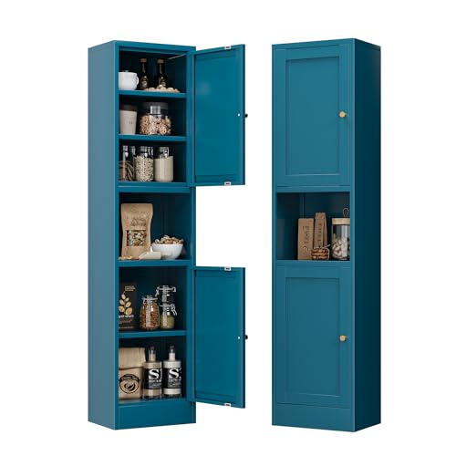 Bevivog Metal Kitchen Pantry Cabinet for Small Space, 67" Tall Storage Cabinets with 2 Doors and Adjustable Shelves, Freestanding Narrow Bathroom Cabinet, 15.7" W Slim Pantry - color: Blue, size: 67"H-2 door