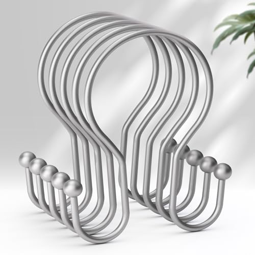 AmazerBath Silver Shower Curtain Hooks, Shower Curtain Rings, Simple Double Shower Curtain Hooks Rust Proof, Metal Smooth Glide Shower Hooks for Shower Curtain Rod, 12 Pcs Shower Rod Hooks - color: Space Silver, style: Minimalist - Double Shower Hooks