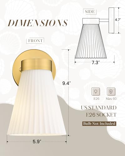 Gold Wall Sconces Set of Two, HWH Modern Bathroom Vanity Sconce Wall Lighting Indoor Wall Lamp with Frosted White Striped Glass, 5HZG97B-2PK BG - color: Brushed Gold, size: 1-Light*2