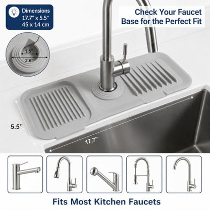 Faucet Mat for Kitchen Sink, Silicone Splash Guard, 17.7x5.5 in, Light Gray | 5° Fast-Draining Slope, Trimmable 1.5–2.6 in Center Hole