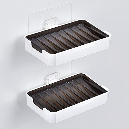 YOHOM Adhesive Bar Soap Holder for Shower Wall Hanging Soap Dish with Drain Tray Plastic Stick on Bathroom Sink Soap Holder 2PCS - color: Black + White