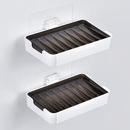 YOHOM Adhesive Bar Soap Holder for Shower Wall Hanging Soap Dish with Drain Tray Plastic Stick on Bathroom Sink Soap Holder 2PCS - color: Black + White