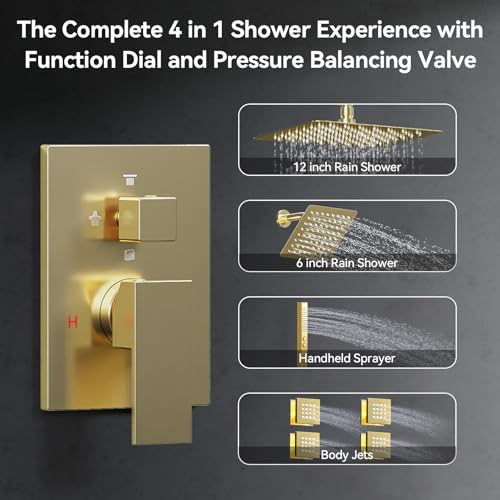 Brushed Gold Shower System with Body Jets, Bostingner 4 Way Shower Faucet Set with 2 in1 Handheld,Ceiling Mount 12 Inch Shower Head with 6 Inch Shower Head,4Pcs Body Jets With Dual Head Shower Set - color: Gold, size: 6+12 inch-01
