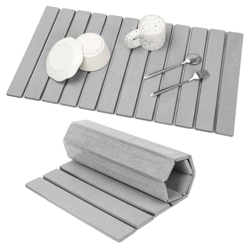 Extra Large Stone Dish Drying Mat for Kitchen Counter, 28"×16" Eco-friendly,Instant Drying Pad,Diatomaceous Earth Water Absorbing Mat, Foldable and Super Absorbent Dish Drying Stone Mat, Light Gray - color: Light Gray