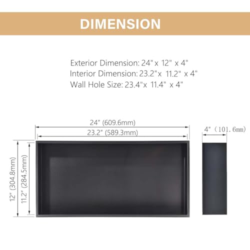24×12 Stainless Steel Shower Niche,No Tile Required Shower Niche | Recessed Shower Niche,Stainless Steel, Matte Balck, Wall Mount Bathroom Storage,Easy to Install,Inner Size: 23.2" × 11.2" - color: Matte Black, size: 24W * 12H (Single Shelf)